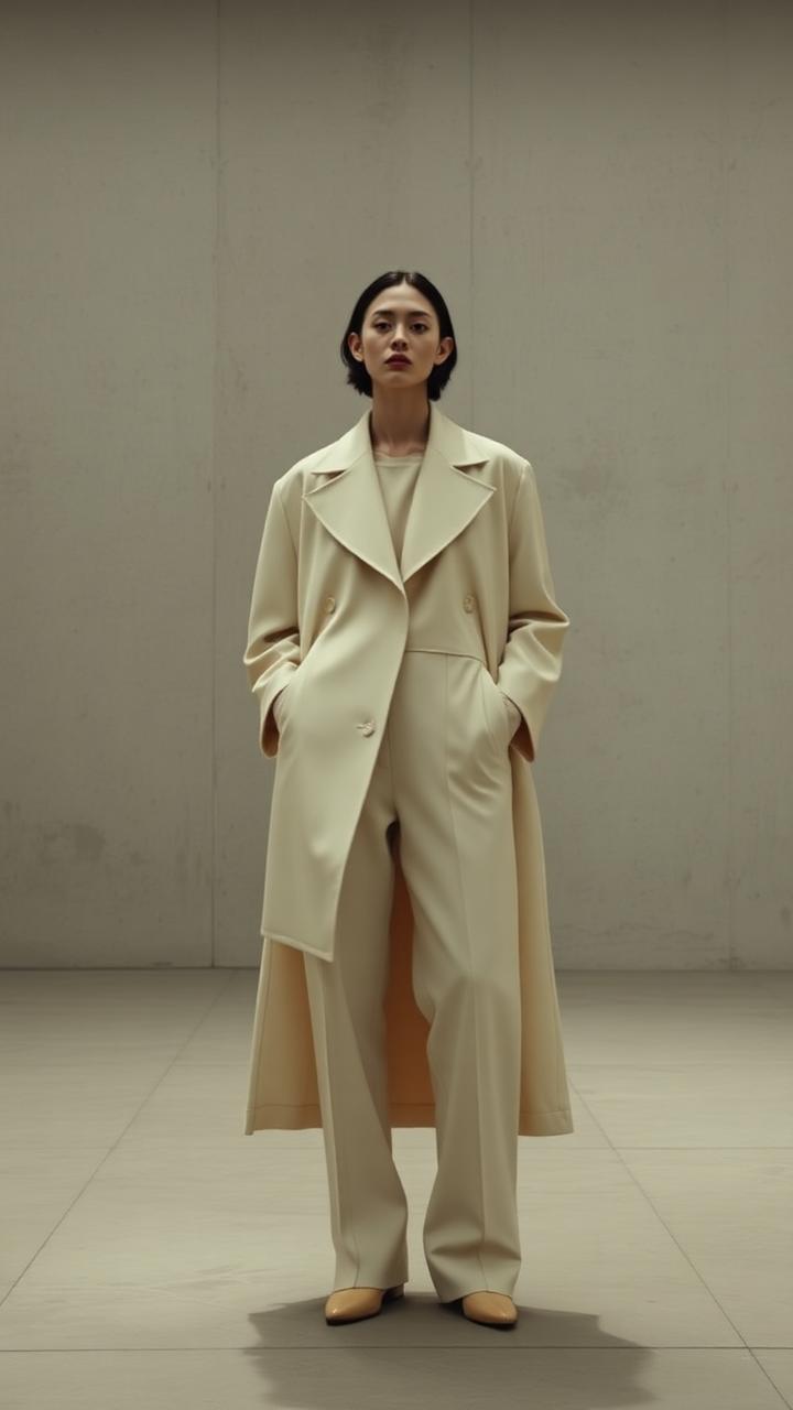Model in cream tailoring inside an empty concrete gallery