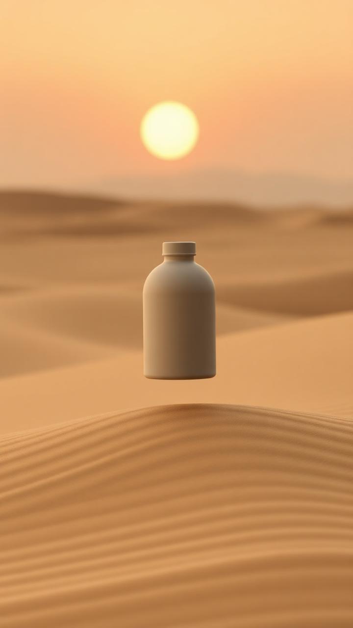 Unbranded ceramic bottle suspended above a sand plain at dusk