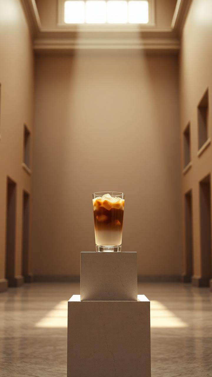 Iced coffee on a stone plinth inside a monumental hall
