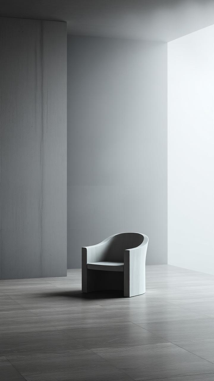Sculptural pale chair alone in a vast fogged concrete room