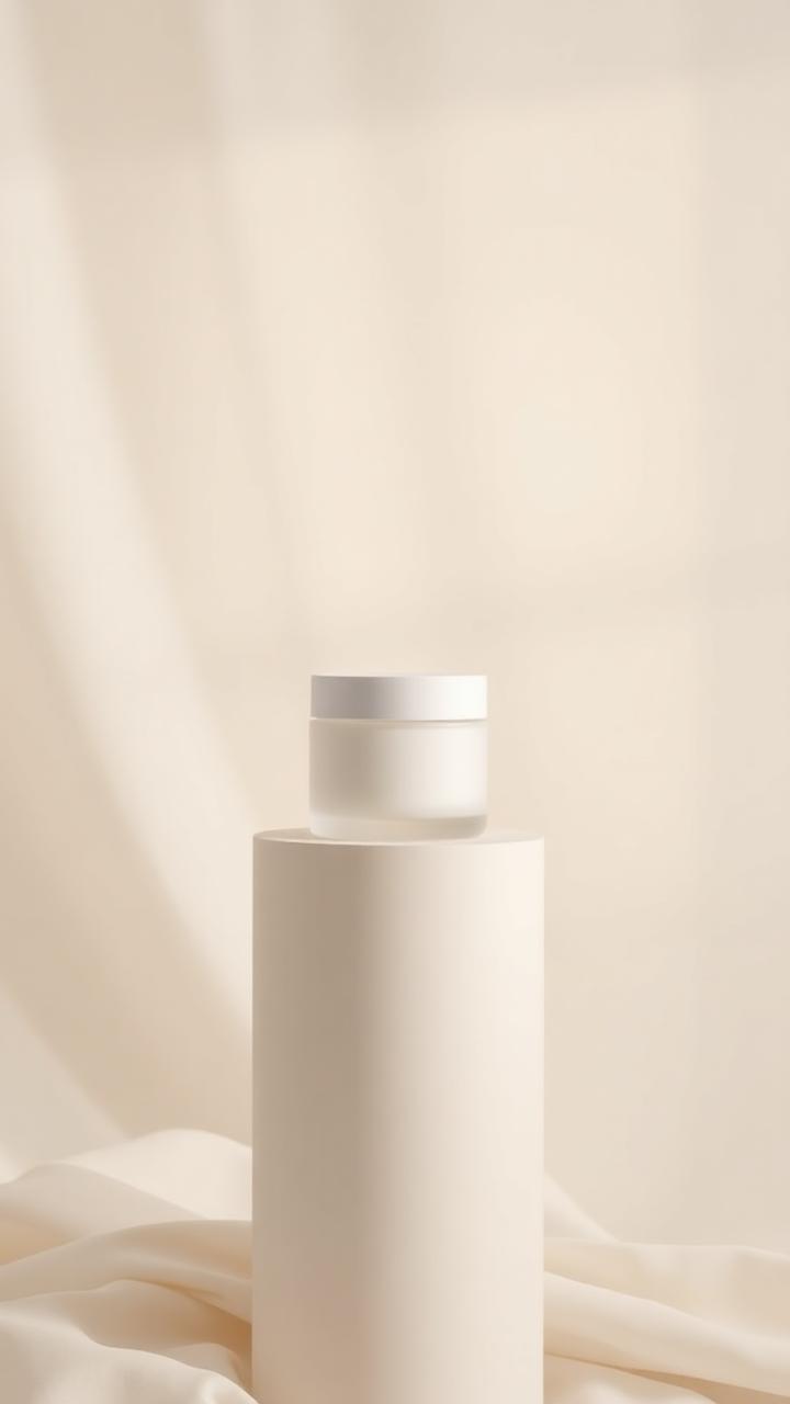 Minimal cream cosmetic jar on a plinth against soft fabric