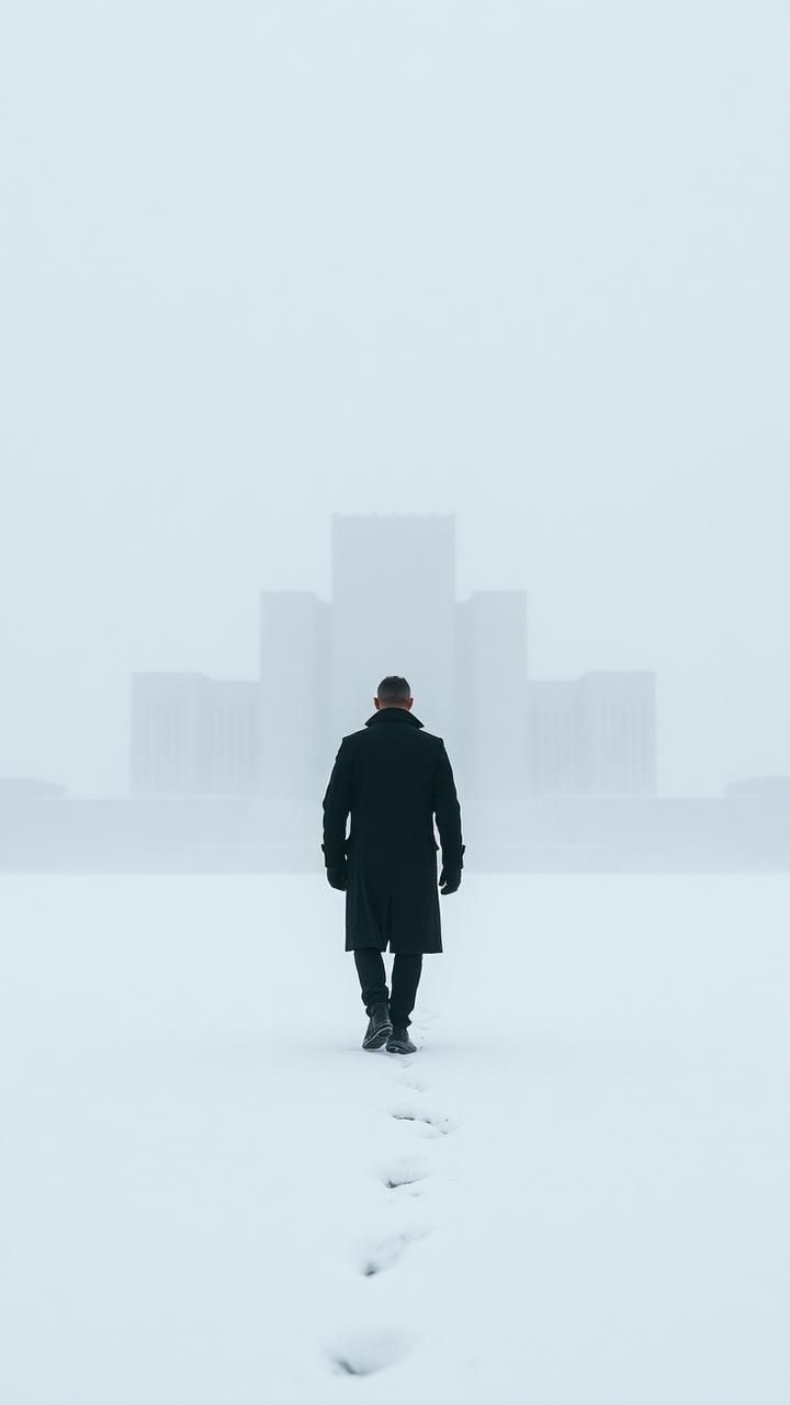 Figure in a black coat crossing a foggy snow landscape