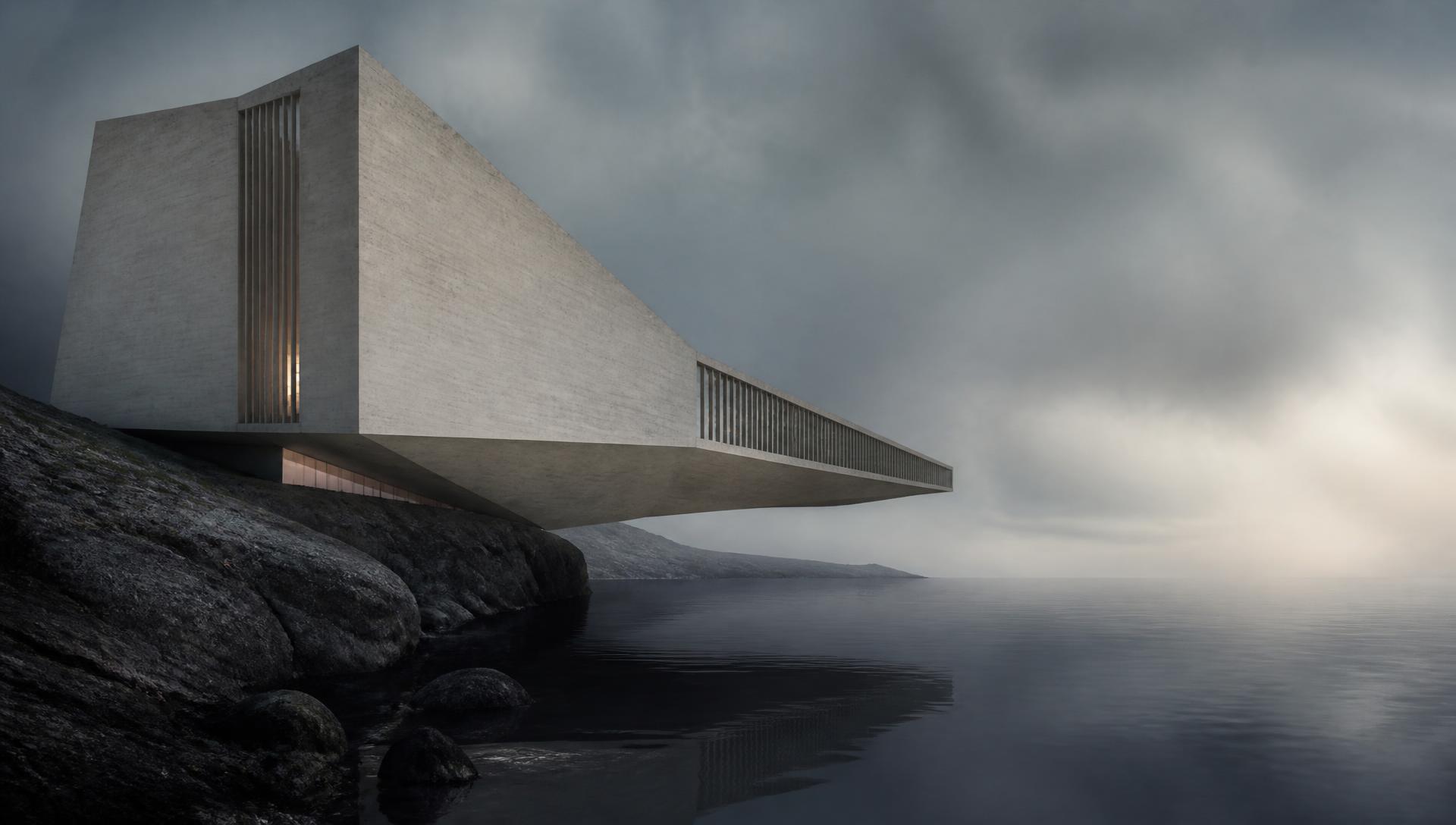 Monumental pale architecture suspended over a still dark ocean in fog