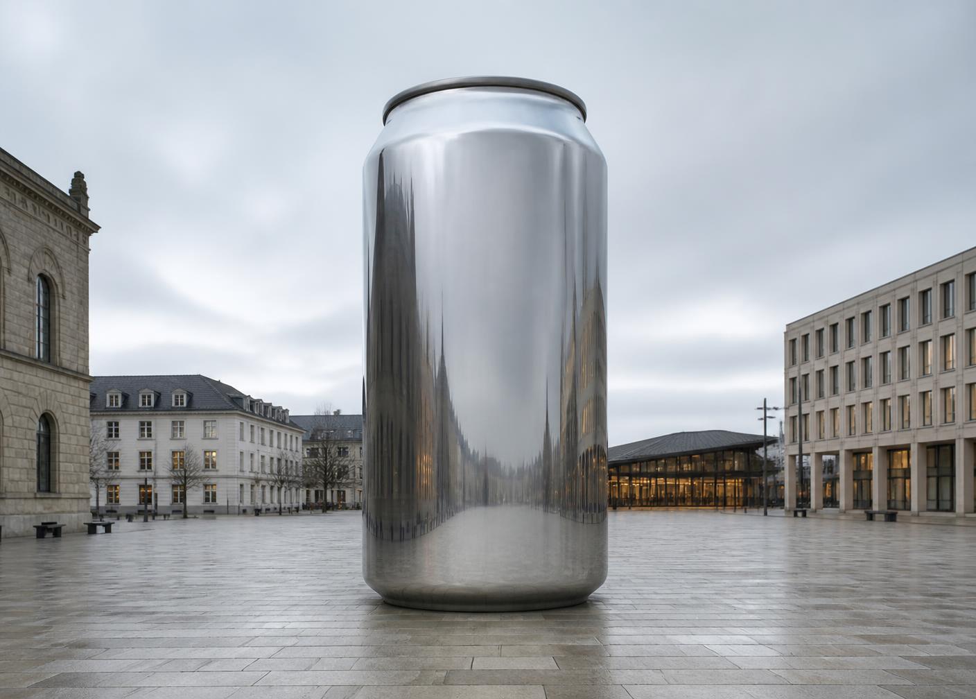 A giant chrome beverage can standing in an empty Nordic city square