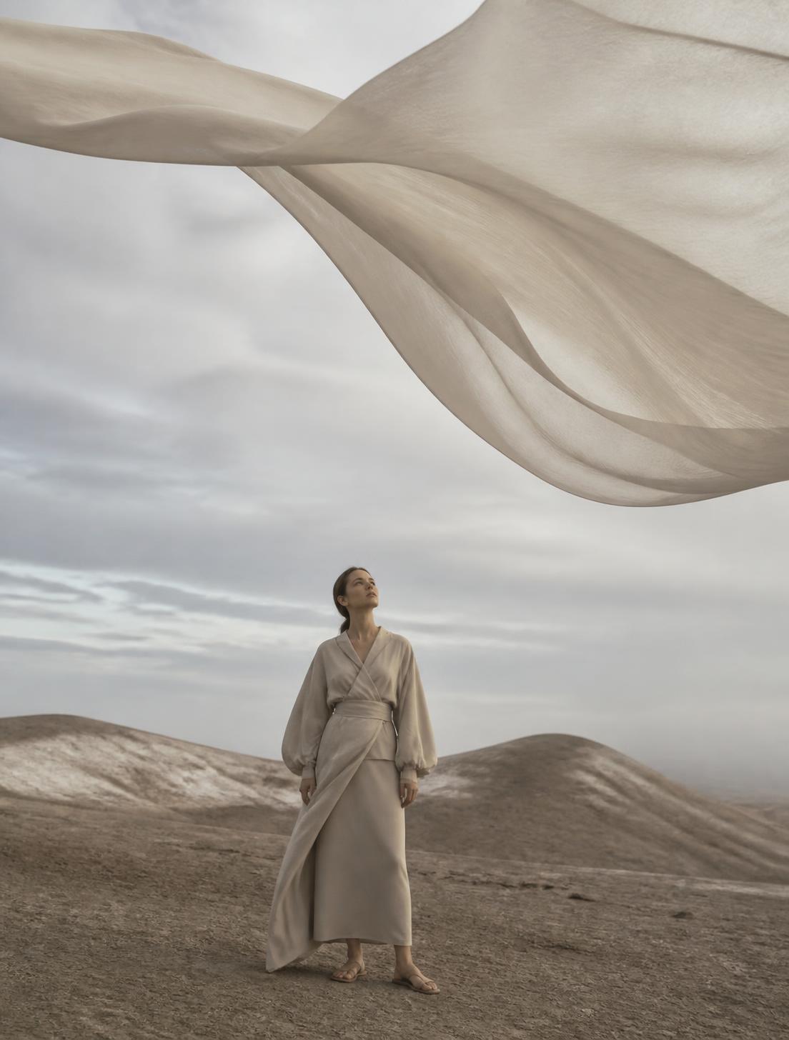 A model beneath a monumental sheet of fabric floating across a barren landscape